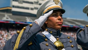 A graduating senior Cadet salutes during the U.S. Military Academy's Class of 2022 graduation ceremony at West Point, New York, May 21, 2022.