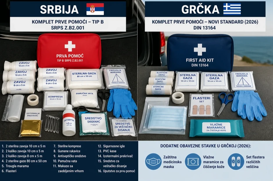 Osnovne razlike između kompleta prve pomoći između Srbije i Grčke