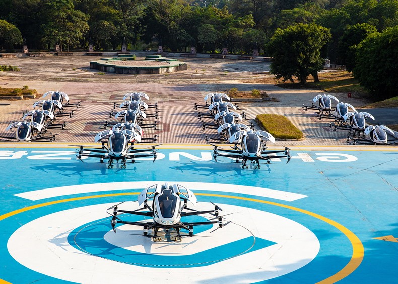 Powered by 16 electric motors and propellers, the aircraft can carry up to 220 kg and recharges in roughly two hours.