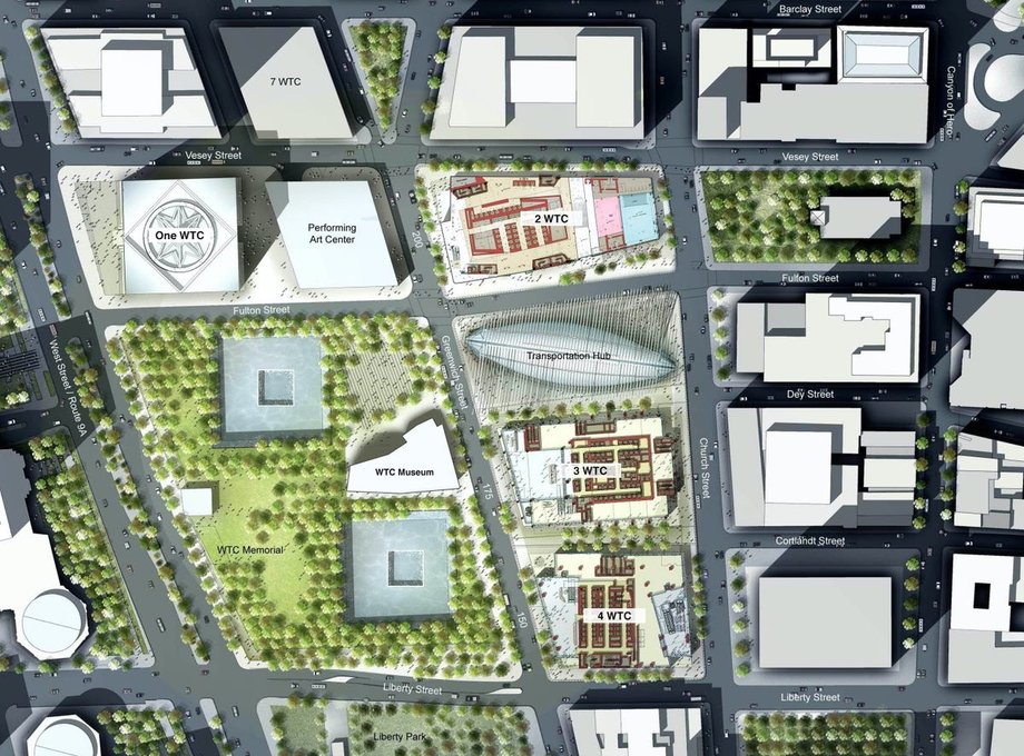 Plan kompleksu World Trade Center. Mapa pokazuje budynki One, 2, 3, 4 i 7. 5 World Trade Center powstanie obok 130 Liberty Street, na południe od 4 WTC i na wschód od Liberty Park