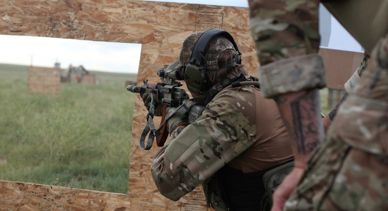 Members of self-described patriot groups and militias carrying out shooting drills outside Fountain, Colorado, during III% United Patriots Field Training Exercise, which they say is the largest patriot event in the US.