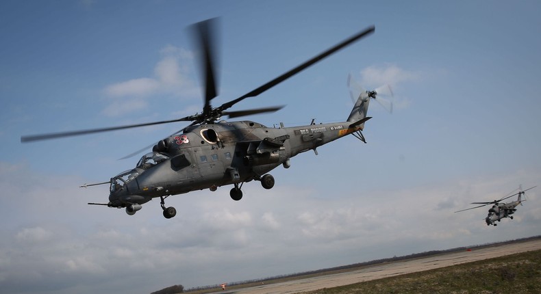 A Mil Mi-35M military helicopter in Russia's Krasnodar region on March 28, 2019.Vitaliy Timkiv/AFP via Getty Images