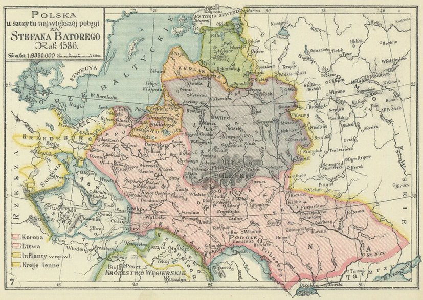 Obszar Rzeczpospolitej za panowania Stefana Batorego, sprzed rozejmu w Dywilinie w Atlasie historycznym Polski (Józef Bazewicz, 1923 r)