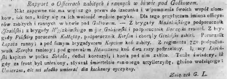 Raport gen. Zajączka o oficerach zabitych i rannych w bitwie pod Gołkowem. Gazeta Wolna Warszawska nr 25 z 19 lipca 1794