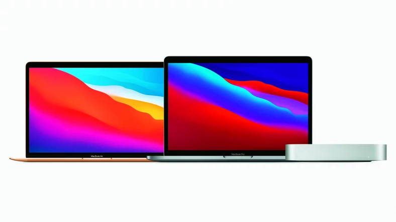 Pierwsze trzy Maki z nowym chipem Apple M1: MacBook Pro (w środku), MacBook Air (po lewej) i Mac mini (po prawej)