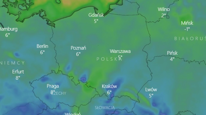 Prognozowany wiatr na niedzielę, 13 lutego