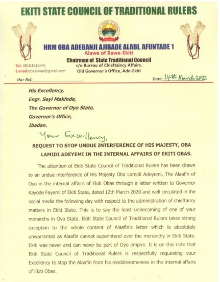 A copy of Ekiti State Traditional Council letter to Alaafin of Oyo, Oba Lamidi Adeyemi