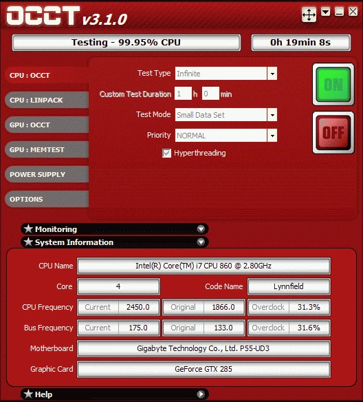 Gigabyte GA-P55-UD3 nie lubi wysokich wartości BCLK. Współpraca zakończyła się przy 175 MHz