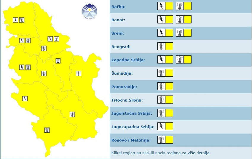 RHMZ meteoalarm za nedelju, 26. jul
