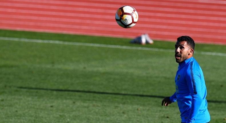 Boca Juniors striker Carlos Tevez training at the Spanish Football Federation (RFEF) headquarters in Las Rozas, Madrid ahead of Sunday's Libertadores Cup final against River Plate.