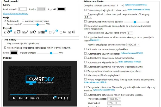 Menu konfiguracyjne dodatku usprawniajcego działanie YouTube - Enhancer for YouTube