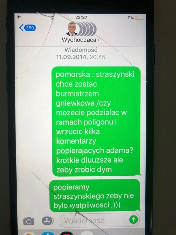 Screen z telefonu Krzysztofa Brejzy. SMS wysłany do współpracowników