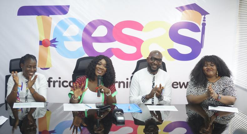 Taiye Osayi-Izedonmwen, director Teesas, Mercy Johnson-Okojie, Nollywood actress, Osayi Izedonmwen, the founder and chief executive officer of Teesas and Oma Areh, Mercy Johnson-Okojie’s manager at the unveiling of the actress as Teesas brand ambassador at the Edtech firms offices in Ikeja today.