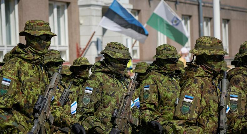 A group of Estonian soldiers seen during a Victory Day parade in Viljandi, Estonia, in June 2023.Sergei Grits/AP Photo