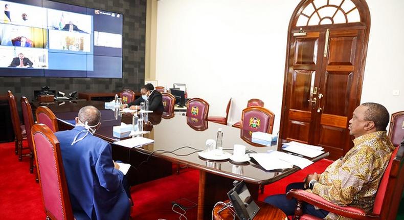File image of President Uhuru Kenyatta holding a virtual meeting. He is expected to chair a Jubilee Party Parliamentary Group meeting on Monday, 22 June 2020