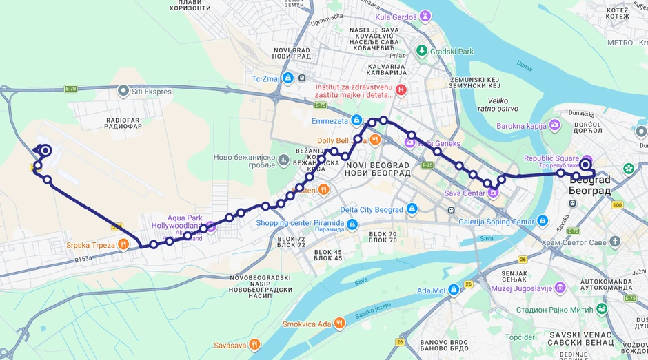 Trasa linije 72N u smeru ka aerodromu Nikola Tesla