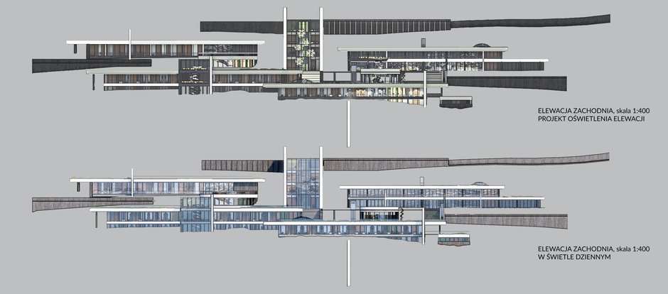 Projekt Centrum badań, elewacja w ciągu dnia i w nocy