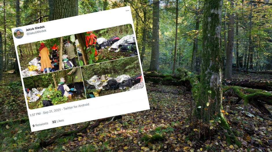 Przemoczeni i zziębnięci mężczyźni zostali znalezieni w lesie przez grupę aktywistów (Fot. Twitter/Jakub Medek)