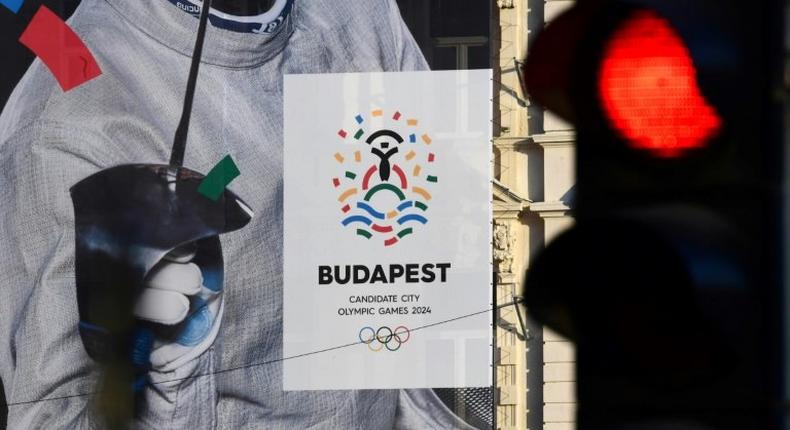 A poster shows Hungarian Olympic sabre gold medal winner in Rio de Janeiro 2016 and London 2012, Aron Szilagyi, advertising Budapest's bid to host the 2024 Olympic Games, in Budapest on January 17, 2017