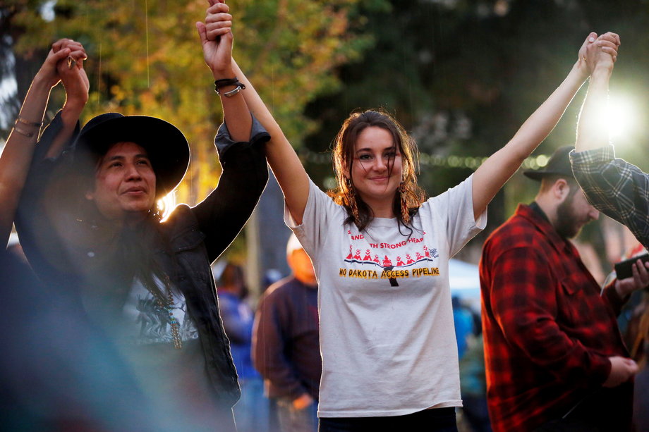 Actress Shailene Woodley with Lehi Thundervoice Eagle Sanchez at a Los Angeles rally in solidarity with protests of the pipeline in North Dakota.