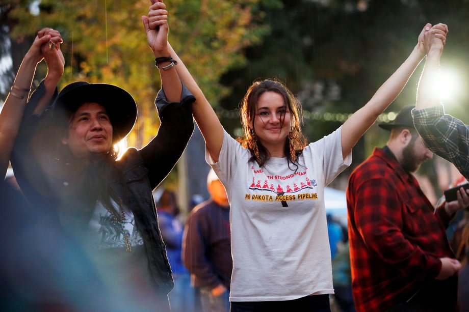 Actress Shailene Woodley with Lehi Thundervoice Eagle Sanchez at a Los Angeles rally in solidarity with protests of the pipeline in North Dakota.