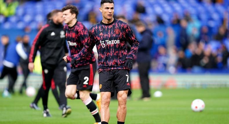 Manchester United's Cristiano Ronaldo warms up prior to the Premier League match at Goodison Park, Liverpool. Picture date: Saturday April 9, 2022. (Photo by Martin Rickett/PA Images via Getty Images)