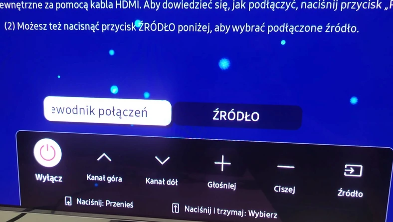 Samsung S95B — ekran opcji pojawiający się po naciśnięciu przycisku w dolnej części telewizora