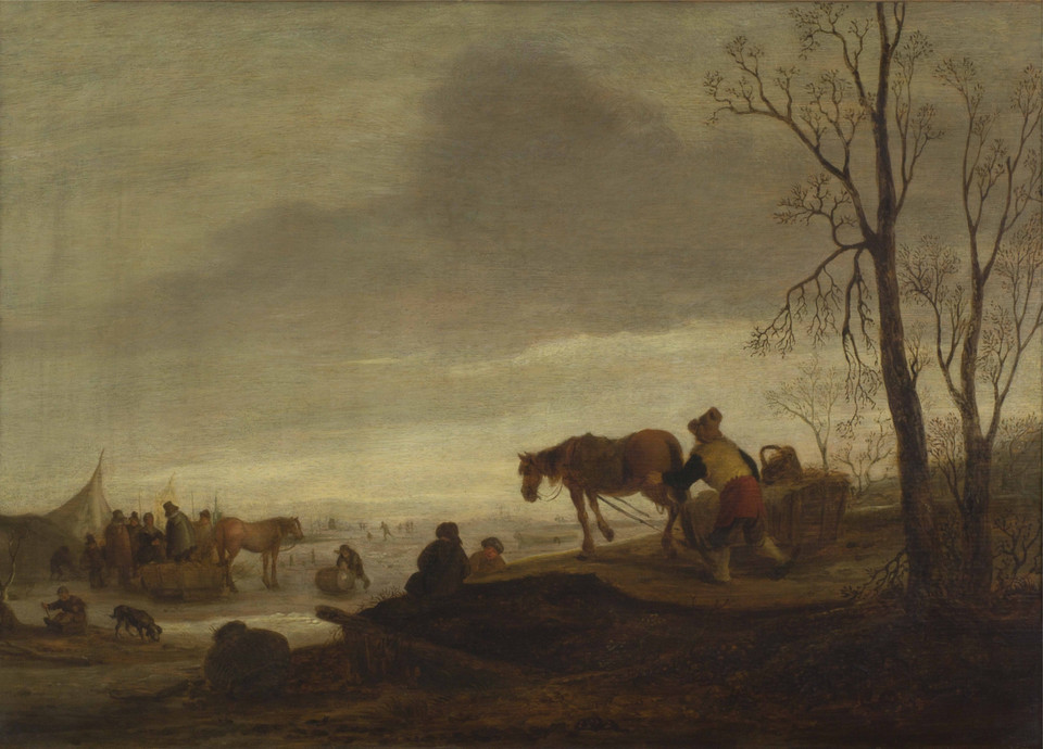Isaac van Ostade, "Pejzaż zimowy z postaciami na zamarzniętej rzece" (ok. 1642–1649)