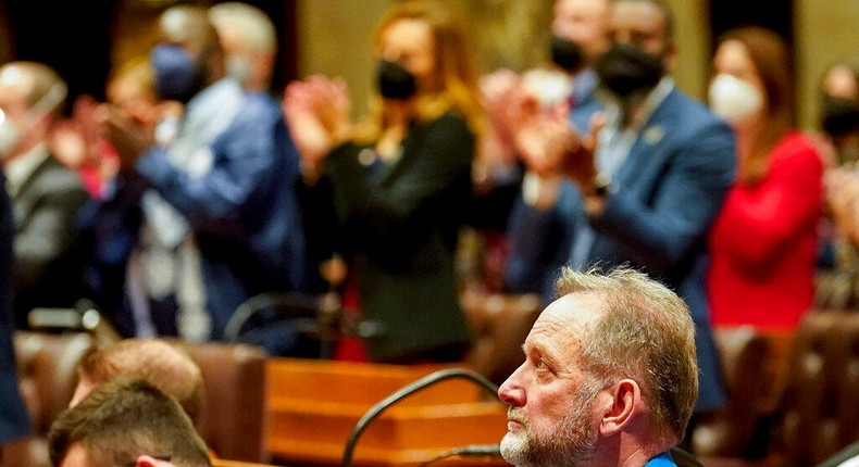 State Rep. Timothy Ramthun listens to Gov. Tony Evers during the State of the State address at the state Capitol in Madison, Wis., on February 15, 2022.