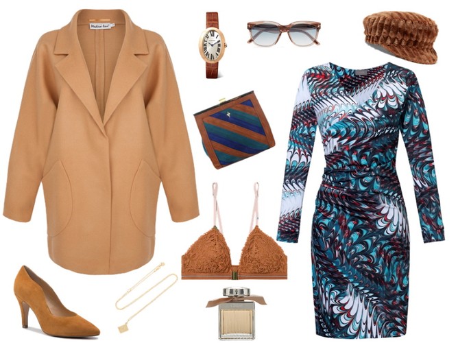 Jesienne STYLIZACJE w brązach: sukienka - COSEL/ cosel.moda, płaszcz - Modern Line/ modernline.pl, torebka - Menbur/menbur.pl, buty - Caprice/caprice.pl, pozostałe dodatki - TK MAXX
