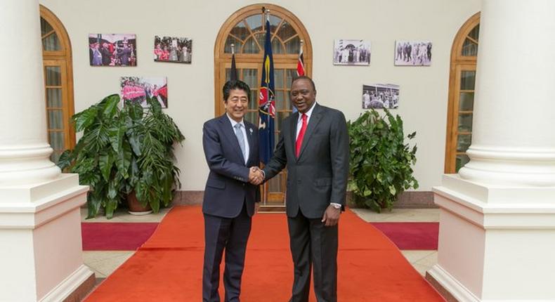 President Uhuru Kenyatta and the late Japanese Prime Minister at State House Nairobi in 2016