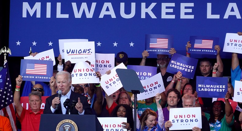 President Joe Biden speaks to union workers at Laborfest on September 5, 2022, in Milwaukee, Wisconsin. Biden is scheduled to speak at an event in Pennsylvania after leaving Wisconsin.Scott Olson/Getty Images