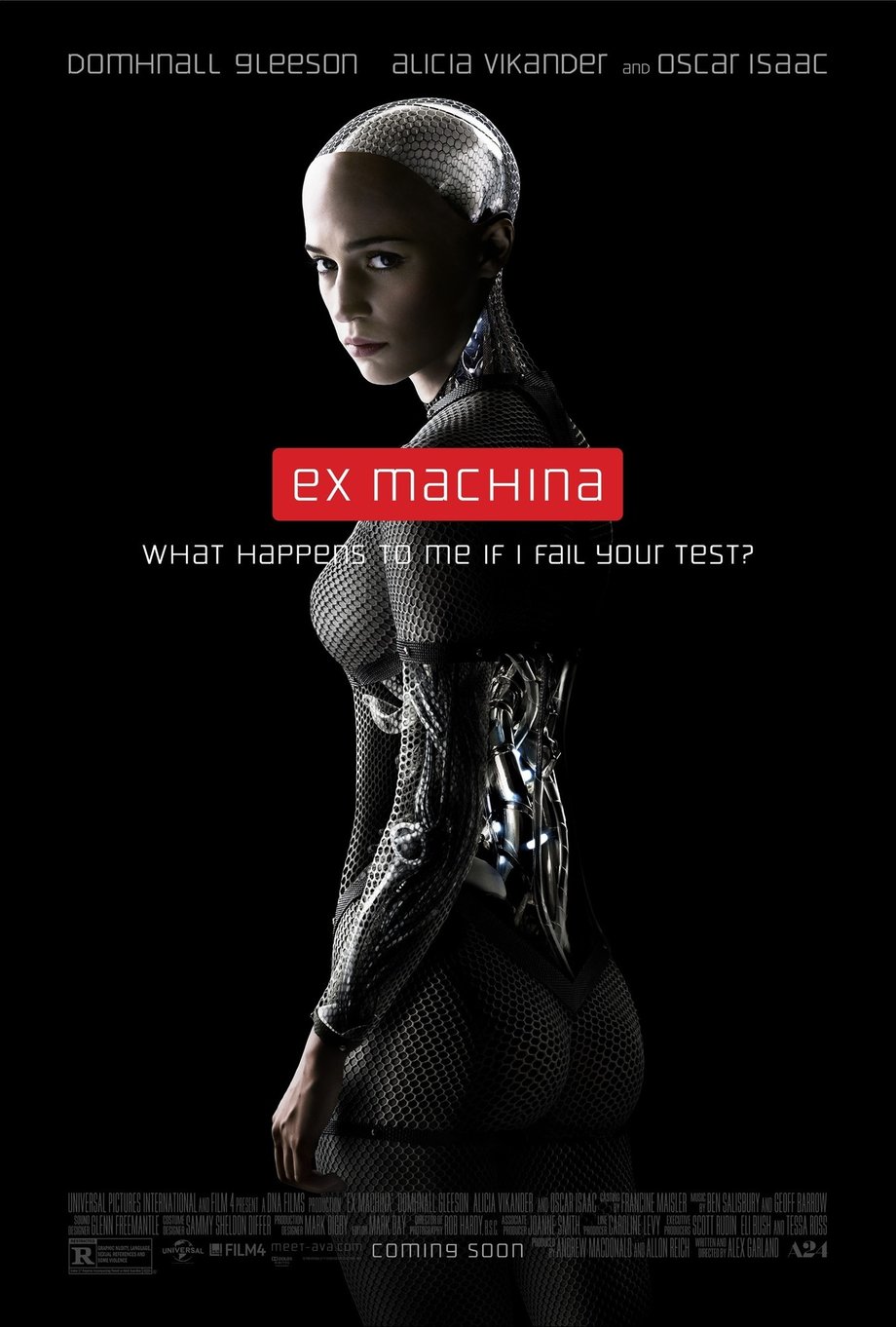 Plakat filmowy "Ex Machina" z podpisem w języku angielskim "Co się ze mną stanie jeśli nie zdam twojego testu?"