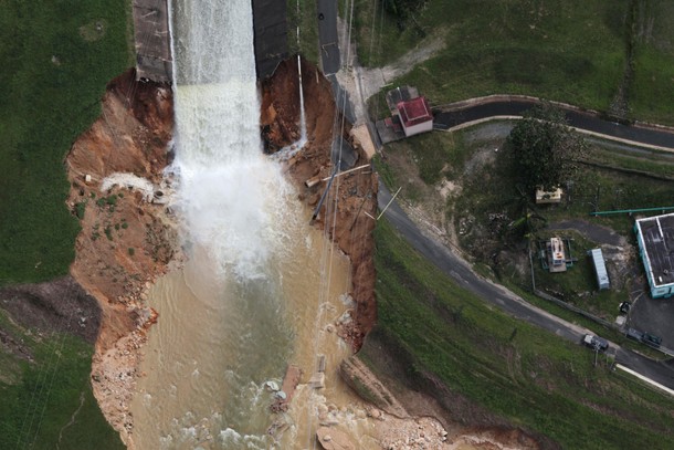 An aerial view shows the damage to the Guajataca dam in the aftermath of Hurricane Maria, in Quebrad