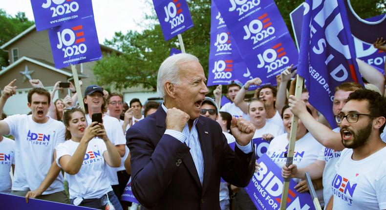 Former Vice President and Democratic presidential candidate Joe Biden meets with supporters before speaking at the Iowa Democratic Wing Ding at the Surf Ballroom, Friday, Aug. 9, 2019, in Clear Lake, Iowa. (AP Photo/John Locher)