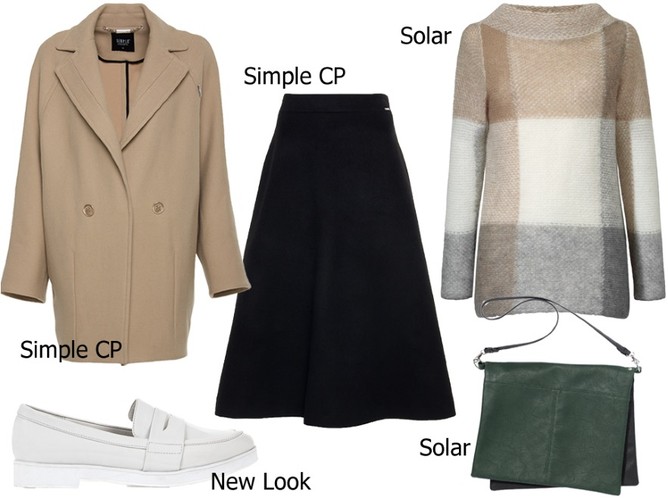 Spódnica Simple CP: 429,90 pln Płaszcz Simple CP: 999,90 pln Buty New Look: 109,90 pln Sweter Solar: 289 pln Torebka Solar: 189 pln
