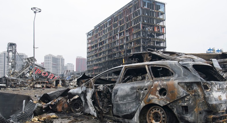 Consequences of shelling of the Retroville shopping mall by Russian missiles. Kyiv, Ukraine. March 30, 2022.