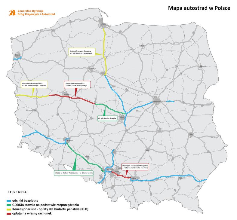 Mapa płatnych autostrad w Polsce