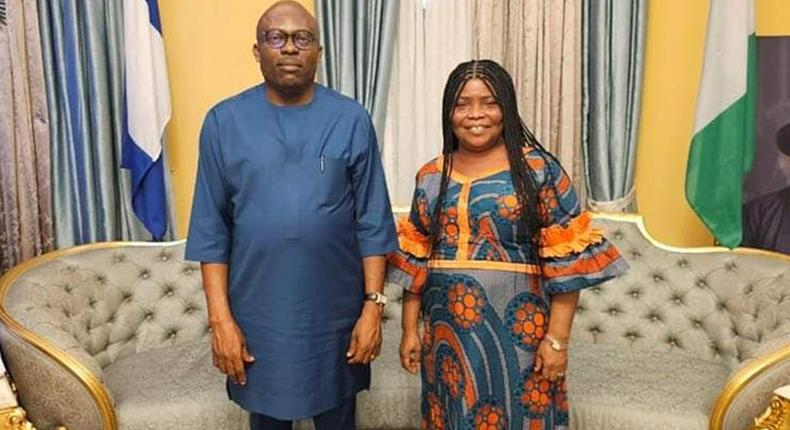 fubara-itubo-FILES: Governor Fubara (left) and Mrs Itubo during a meeting between the duo at the Government House in Port Harcourt. [Rivers Govt House]