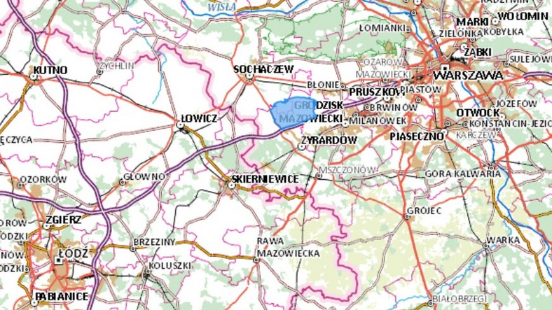 Niebieski obszar na mapie to prawie 80 km kw. objętych Programem Dobrowolnych Nabyć (PDN) – fot. screen z witryny geoportal.gov.pl