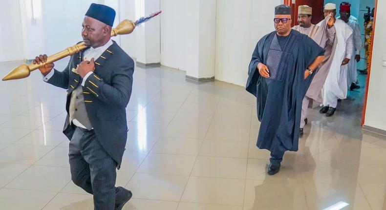 Principal officers of the 10th Nigerian Senate, led by Senate President Godswill Akpabio (second from left) [Tope Brown]