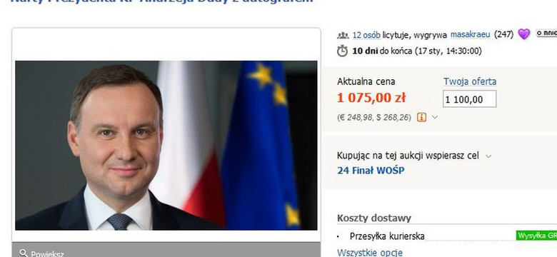 Prezydent Andrzej Duda wsparł WOŚP. Przekazał na aukcję swe narty