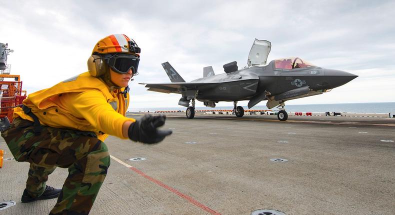 An F-35B begins a short takeoff from the deck of the USS Wasp on Aug. 16, 2013.
