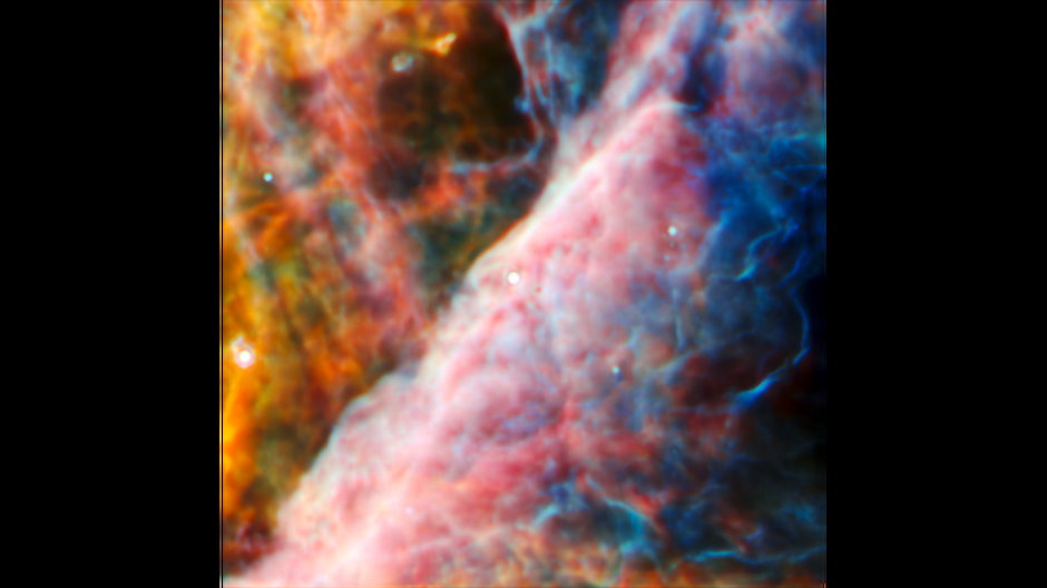 To zdjęcie z MIRI Webba (Mid-Infrared Instrument) pokazuje mały obszar Mgławicy Oriona. W centrum znajduje się młody układ gwiezdny z dyskiem protoplanetarnym o nazwie d203-506 / fot. ESA/Webb, NASA, CSA, M. Zamani (ESA/Webb), and the PDRs4All ERS Team