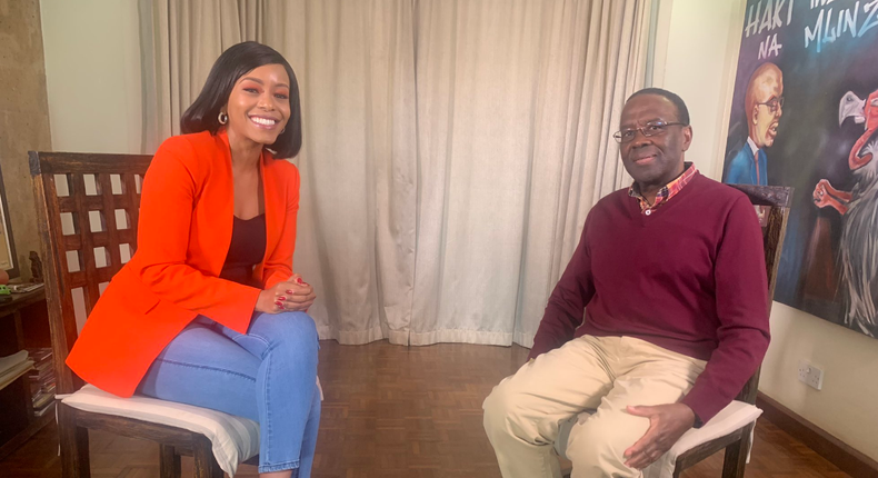 Former Chief Justice Dr Willy Mutunga with KTN presenter Sophia Wanuna during an interview on June 19, 2022