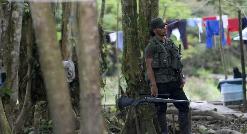 FARC guerrilla fighters stand at the Front 34 Alberto Martinez encampment in Vegaez municipality, Colombia on January 1, 2017