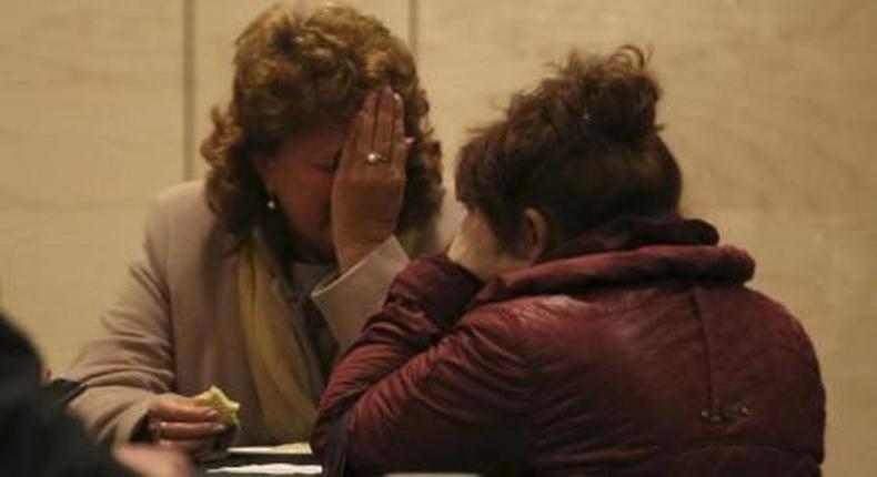 Relatives of victims of a Russian airliner which crashed in Egypt, mourn at a hotel near Pulkovo airport in St. Petersburg, Russia, October 31, 2015. The Airbus A321, operated by Russian airline Kogalymavia under the brand name Metrojet, carrying 224 passengers and crew crashed in Egypts Sinai peninsula on Saturday after losing radar contact and plummeting from its cruising altitude, killing all aboard.