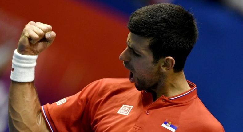 Serbia's Novak Djokovic celebrates after winning against Spain's Albert Ramos-Vinolas their Davis Cup World Group quarterfinals single match between Serbia and Spain in Belgrade, on April 7, 2017