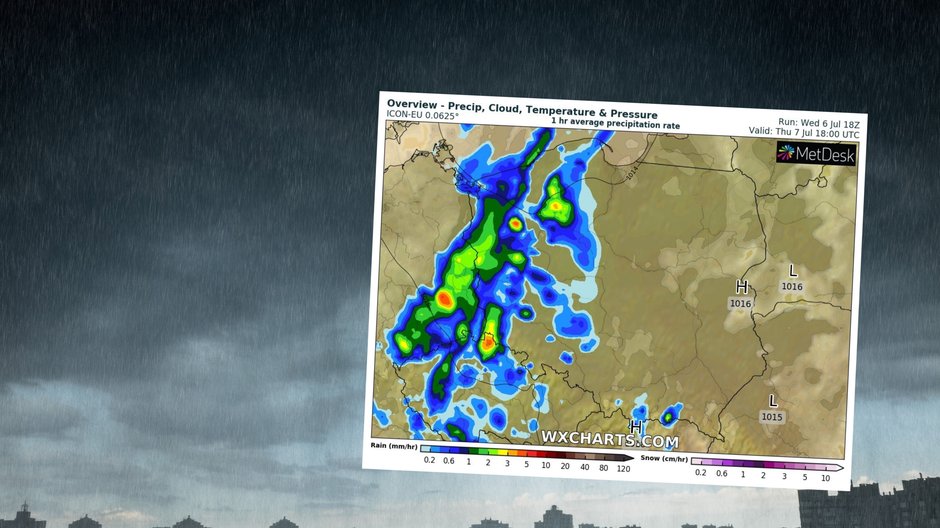 Lato w odwrocie. Czwartek z deszczem, burzami i chłodem (mapa: wxcharts.com)