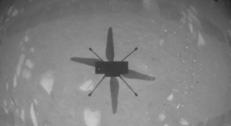 Ingenuity snapped this photo of its shadow on the ground below as it flew on Mars on Monday.
